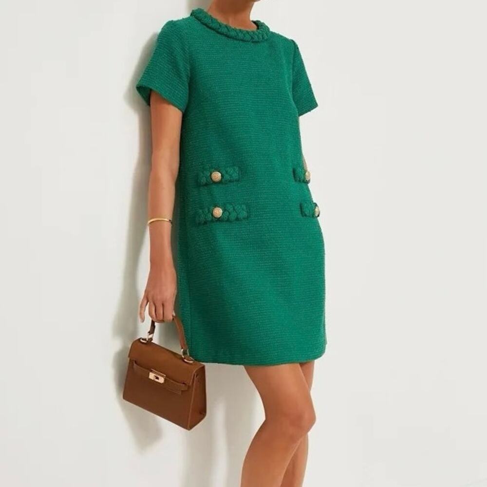 Tuckernuck Jackie Tweed Dress Emerald Green S Gold Buttons Shift Old Money EUC
